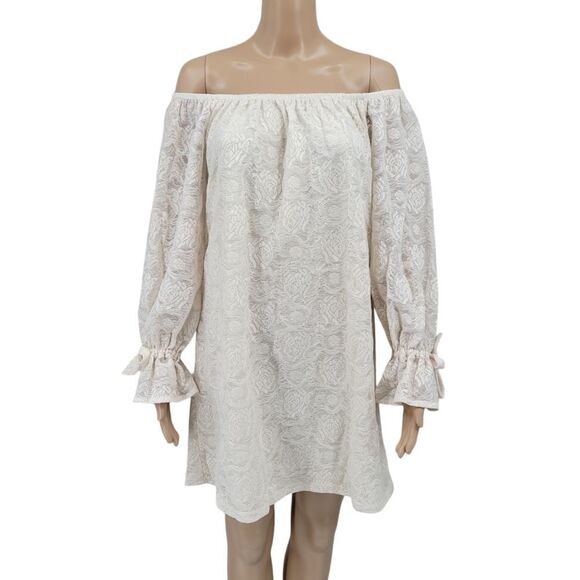 Basically Me Winter White Off The Shoulder Lace Long Sleeve Dress - Picture 1 of 11